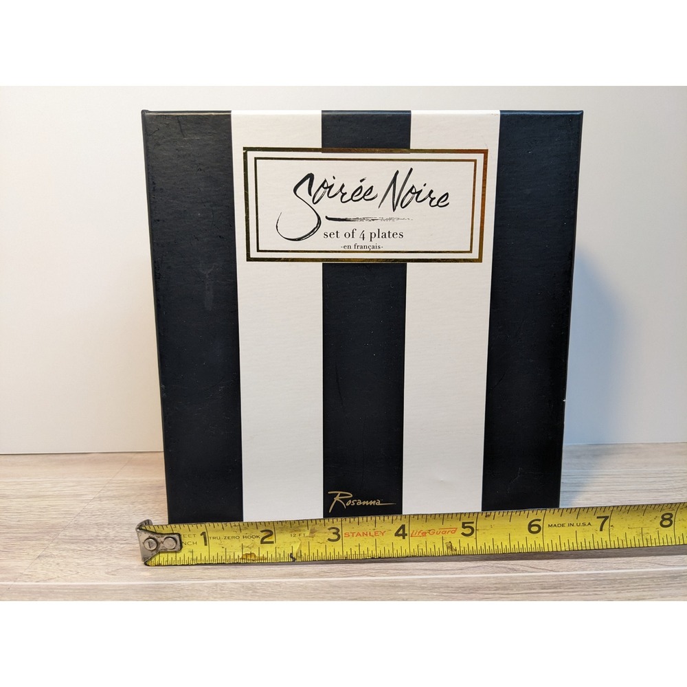 Rosanna Soirée Noire Set of‎ 4 Black Coupe Plates Gold French Phrases Gift Box